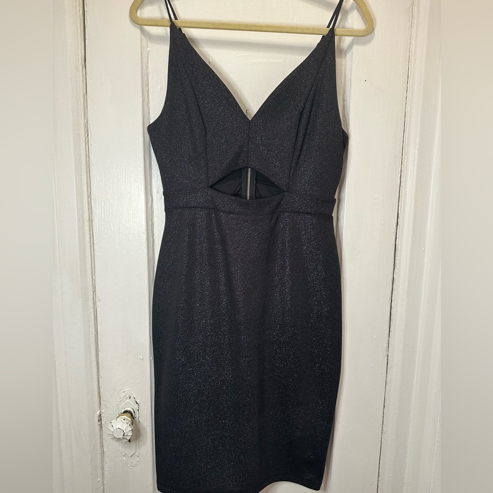 Shimmery metallic body con stretch dress